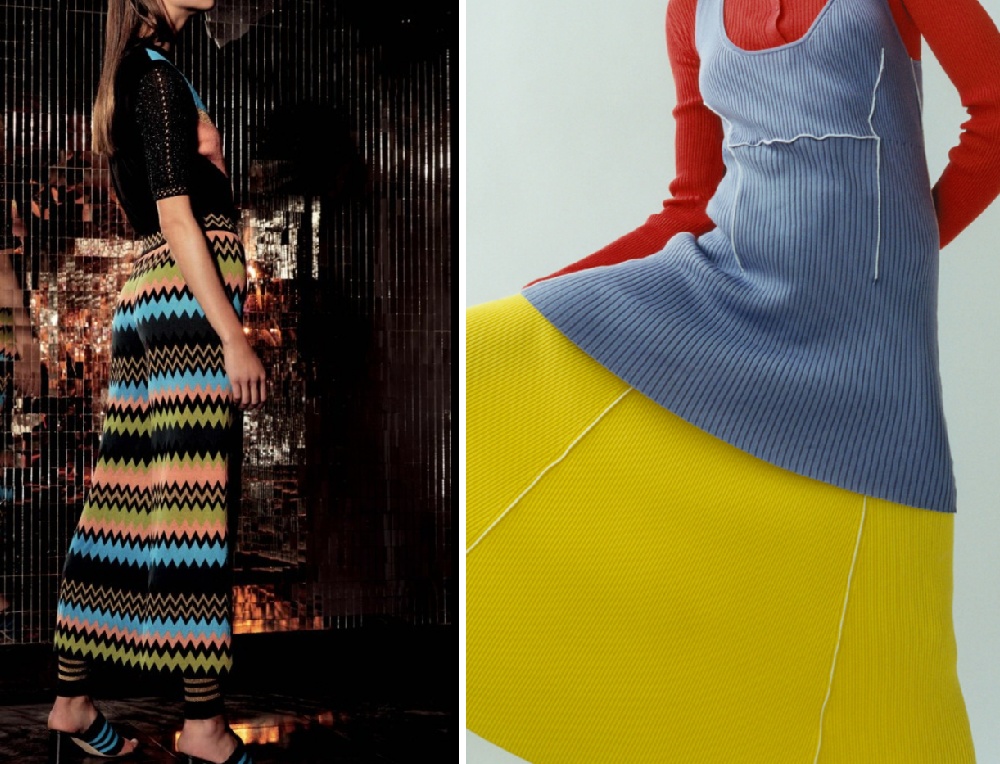 вязаная юбка макси с разноцветными змеевидными горизональными полосами, желтая  трикотажная расклешенная юбка из клиньев