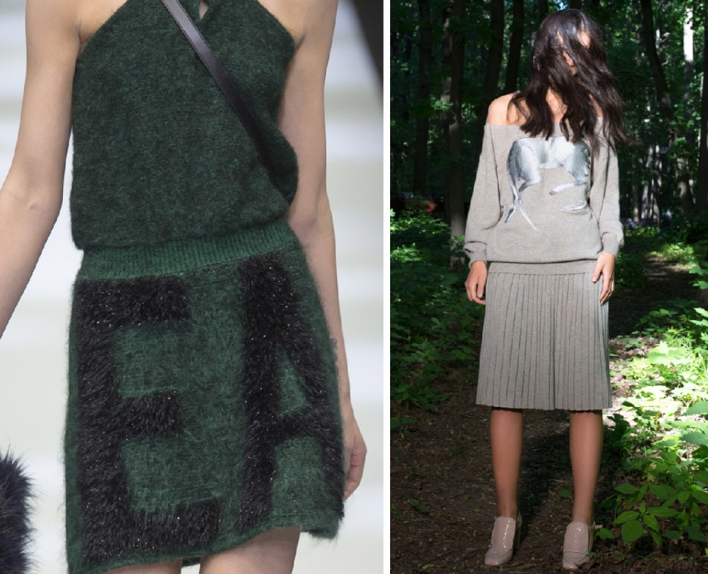 вязаная юбка зеленого цвета из мохера, трикотажная серая юбка в скадку  длиною до колена - фото