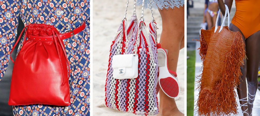 поясная модная сумка мешок красного цвета, вязаная от Шанель, огромная пляжная с бахромой - тренды лето 2019