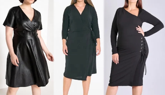 повседневные офисные платья черного цвета для полных девушек и женщин с запахом - фото
