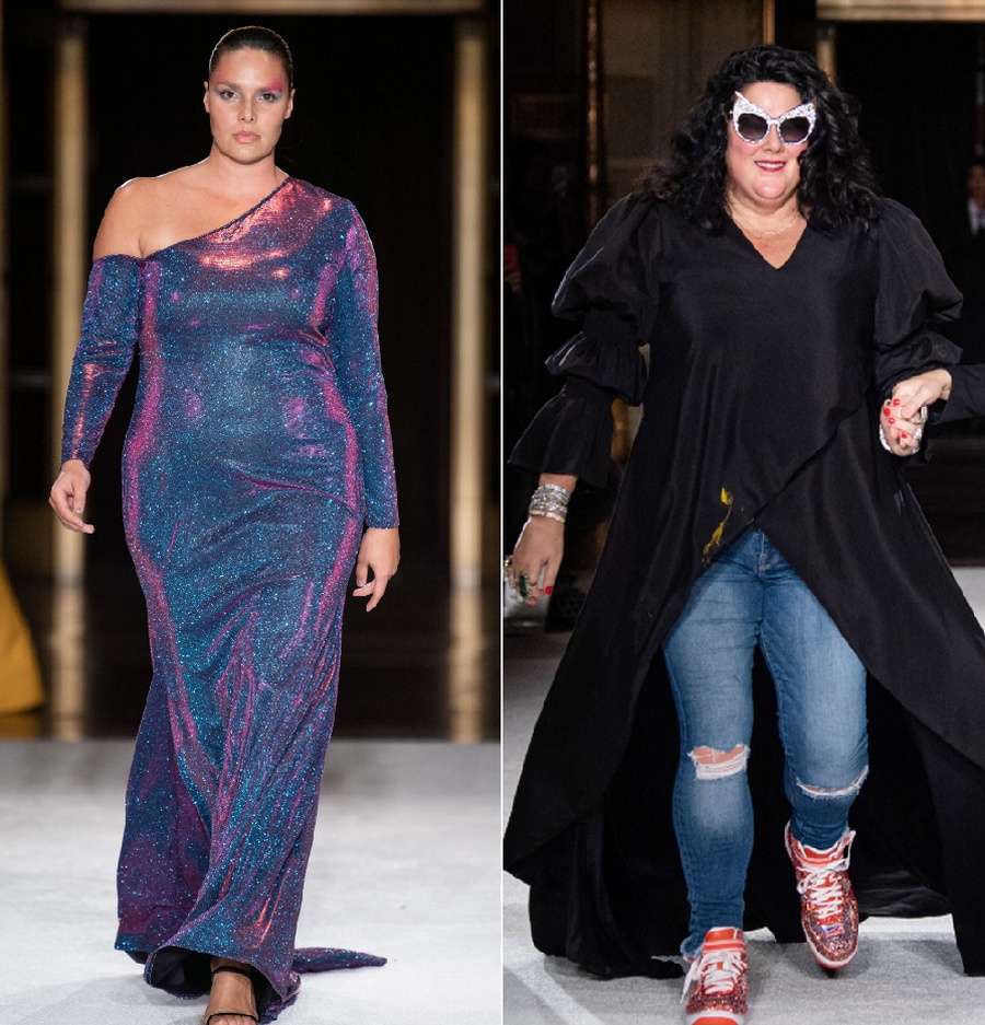 платья для пышек - тренды на 2020 год - фасон на одно плечо с обеими рукавами,  платье поверх джинсов с рукавами-фонариками