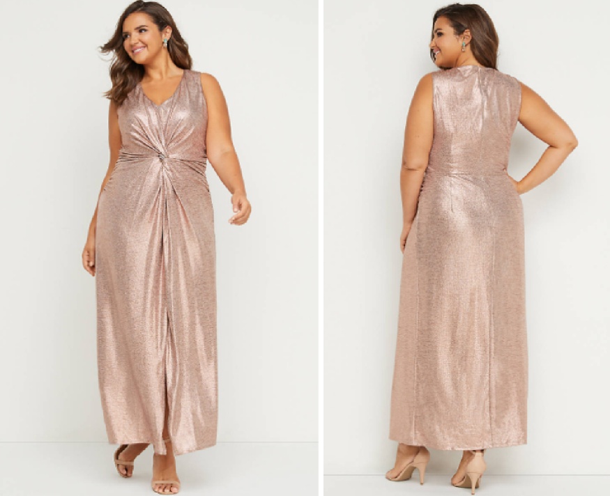 розовое блестящее платье металлик - новогодняя мода для полных девушек