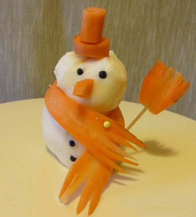 Украшения блюд в год Петуха - петух-снеговик из овощей