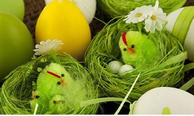пасха декор - корзинка с яйцами и цыплятами
