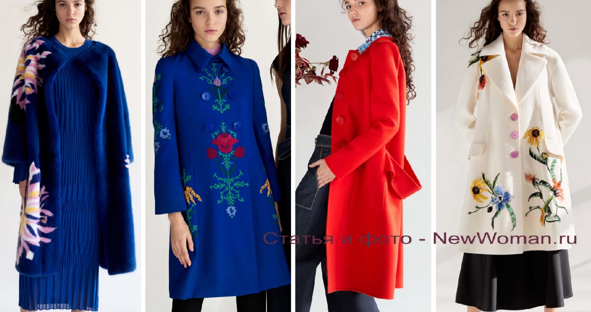модные пальто для девушек осень-зима 2018 2019 - синего цвета, красного, белое с вышивкой