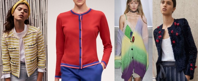  модные кардиганы 2018 - в полоску, с отделкой под цвет брюк, на одно плечо, с цветочными аппликациями