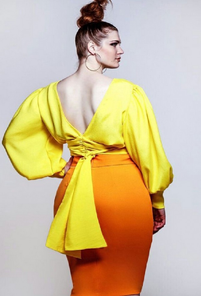 нарядный комплект для пышки - узкая юбка с желтой блузкой, у которой открытая спина