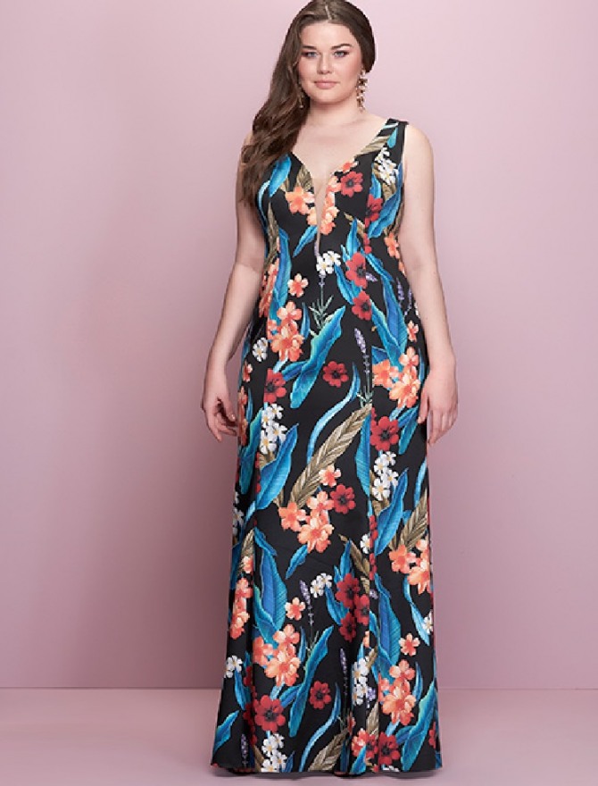 красивое платье макси с растительным ярким принтом  - мода для полных на лето 2018