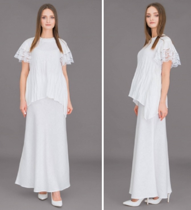 летняя мода для женщин 50 лет - белый летний костюм для особого случая - юбка плюс туника, отделанная кружевом