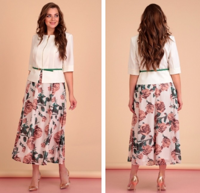 красивый летний комплект для женщин 50 лет - юбка с цветами и однотонный белый жакет