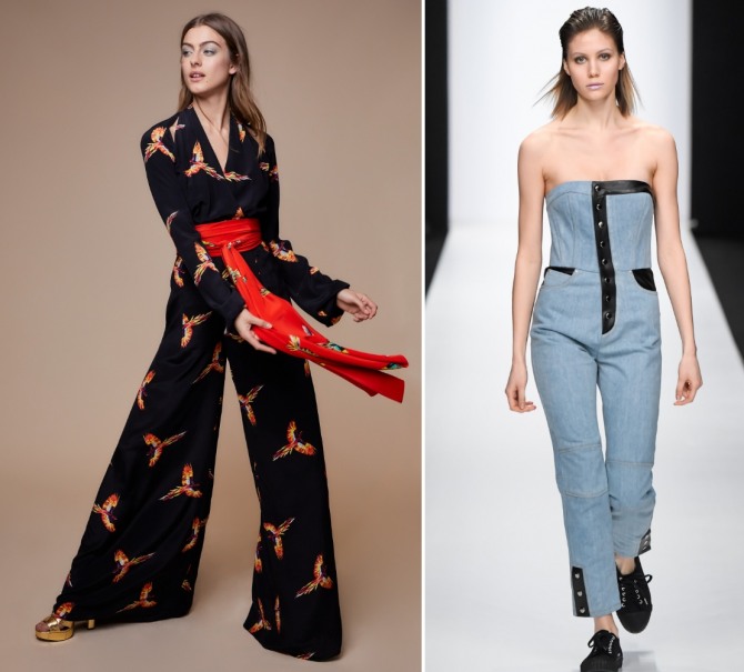 какие комбинезоны модные в 2019 году - с птицами, с черной отделкой из джинсовой ткани
