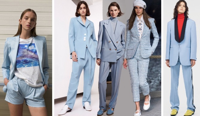 стильная деловая одежда 2019 - женские голубые костюмы с брюками и шортами