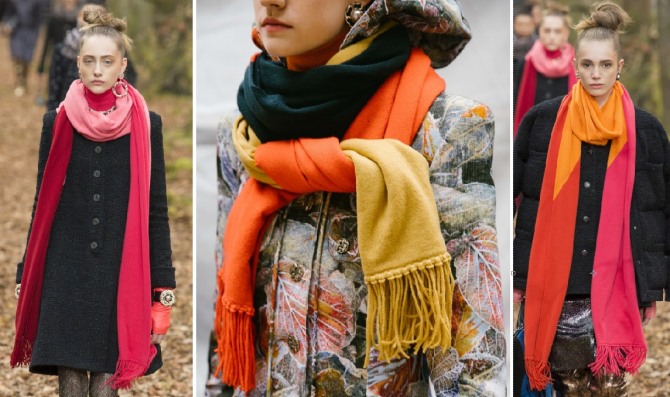 Аксессуары 2019 с модных показов. Тренд - длинные двух-трехцветные зимние женские шарфы из кашемира