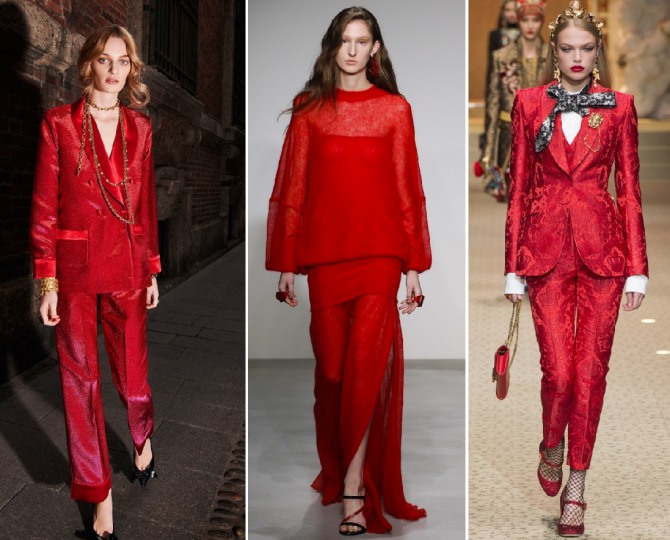 вечерний дизайнерский костюм с юбкой и брюками красного цвета - мода 2019 года