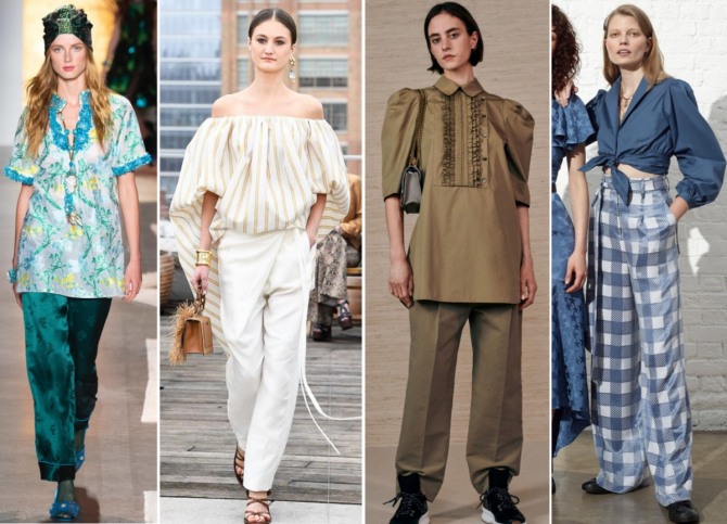 примеры сочетаемости летних блузок 2019 с брюками - фото новинки с модных показов на 2019 год