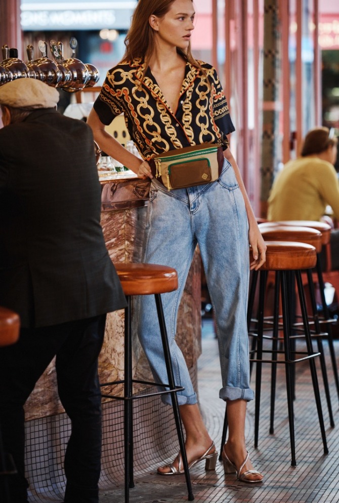 модные женские джинсы Весна-Лето 2019 с передней кокеткой и закатанными штанинами и оригинальным кроем: расширенные от кокетки штанины, зауженные книзу