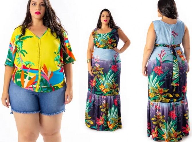 курортный отпускной гардероб для полных девушек и женщин 2019 года -  комплект яркая блуза с экзотическим ярким принтом и длинное летнее платье вид спереди и сзади