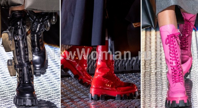 Модные женские зимние сапоги 2020 на шнуровке от модного дома Prada - тяжелые армейские ботинки-сапоги на тракторной подошве