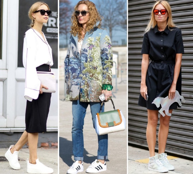 белые модные кроссовки с платьем, юбкой и джинсами - стильные сочетания уличной моды