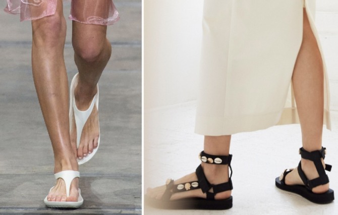 летние модели туфель 2020 - белые вьетнамки и черные сандалии с декором из ракушек