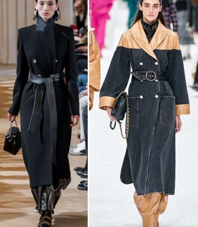 модная тенденция осень-зима 2019-2020 - двубортное дамское пальто с кожаным поясом