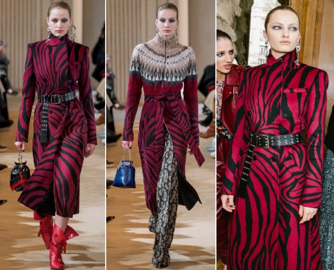 новинки модных пальто с подиумов - модели с принтом красно-черная зебра