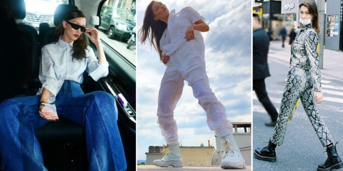 супер модель Bella Hadid в брюках и джинсах - фото