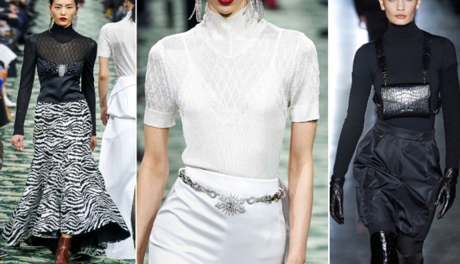 модный тренд осень-зима 2020 - юбка с черной или белой водолазкой