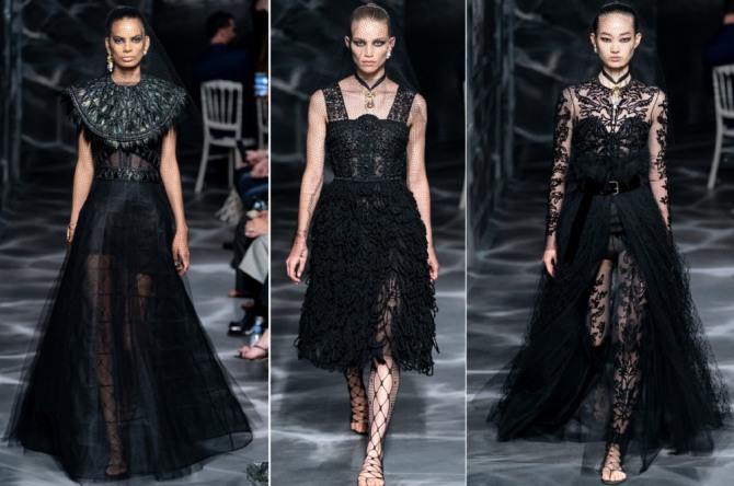 черные вечерние платья от Диор - с воротником-пелериной, с широкими лямками и двухслойное - кружевная тюль, тафта