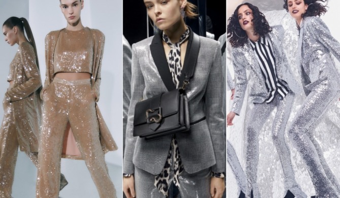 женский золотой и серебряный костюм 2020 года из "мокрой" блестящей и металлизированной ткани - брючные комплекты с модных показов на 2020 год