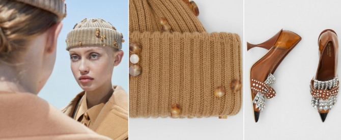 зимняя мода для девушек 2020 от Burberry - вязаная шапочка с бусинами и туфли со стразами с каблуком-рюмкой