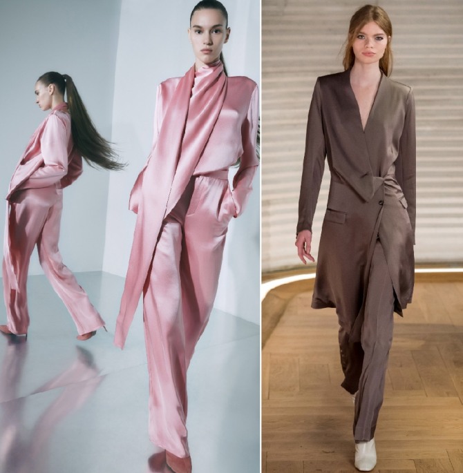 брючные атласные костюмы 2020 года - модель розового цвета и кофейного