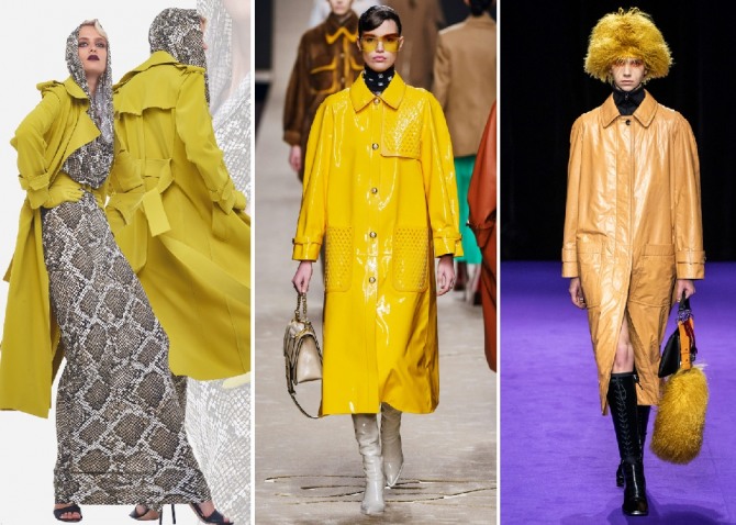 женский плащ ниже колена желтого цвета из модных коллекций 2020 года