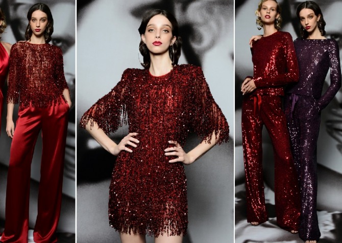 что надеть на новогодний корпоратив 2020 - красивые и стильные новогодние образы из красной блестящей ткани - комбинезон, платье, блузка