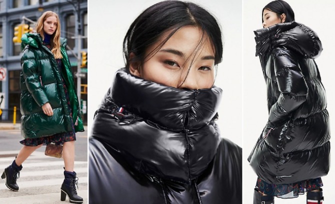 модный зеленый и черный пуховик для девушки сезона Зима 2020 с блеском от бренда Tommy Hilfiger