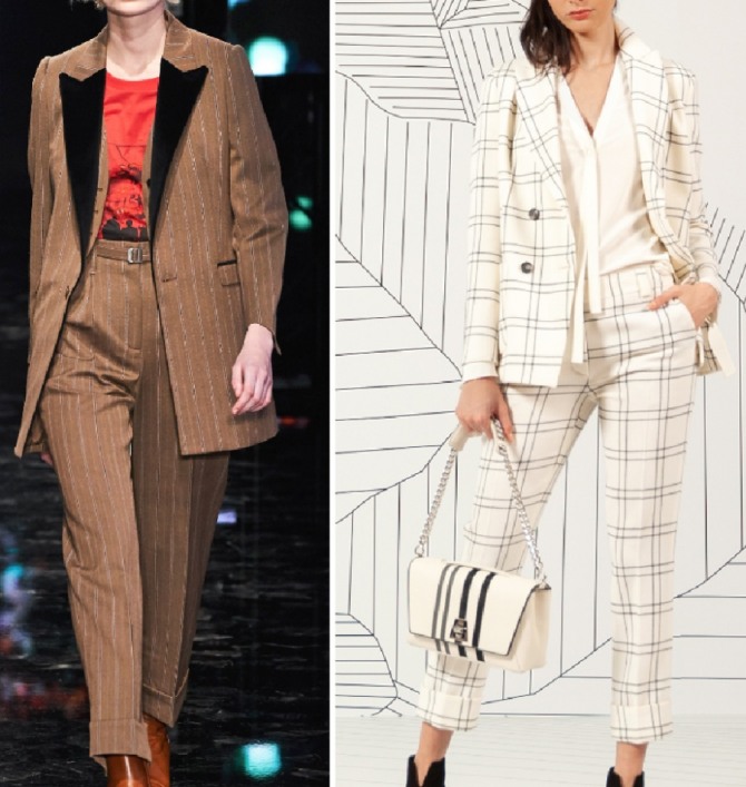 две модели деловых костюмов 2020 года для женщин с брюками длиною 7/8 и отворотами внизу штанин