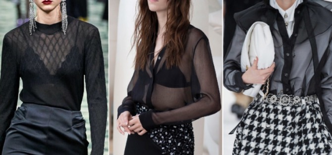 какие блузки модные в 2020 году - черные прозрачные поверх черного топа-бюстгальтера или белой блузки 