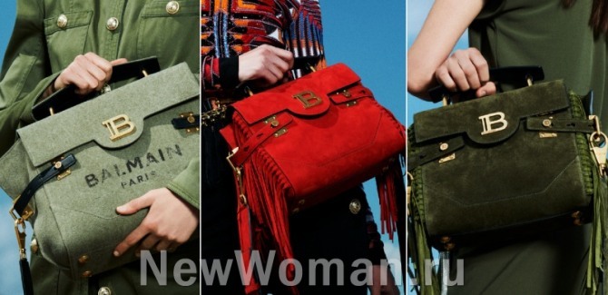 деловая сумка из замши для женщин, необычные брендовые сумки 2020 года от Balmain - длинная сумка складывается вдвое и закрепляется боковыми ремнями