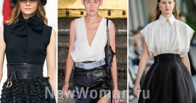 модели белых и черных блузок без рукавов - луки с показов в столицах мировой моды
