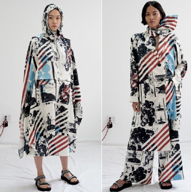модные женские плащи весна 2020 со смешанными принтами - полосы, круги, цветные пятна