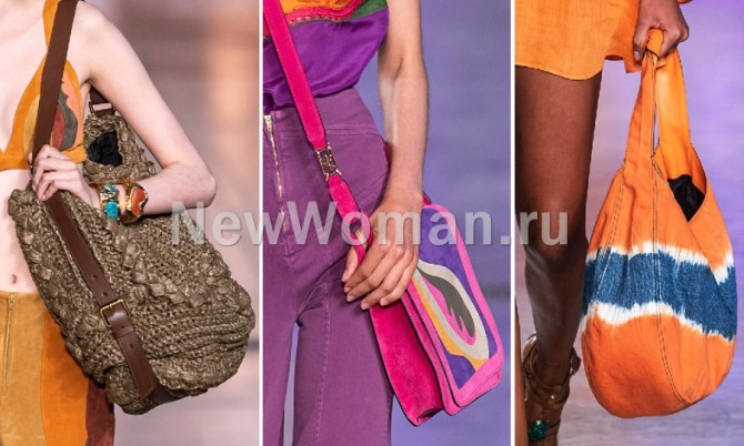 самые модные сумки весна-лето 2020 от бренда Alberta Ferretti - плетеная торба, яркая сумка-почтальонка, желто-синяя сумка хобо