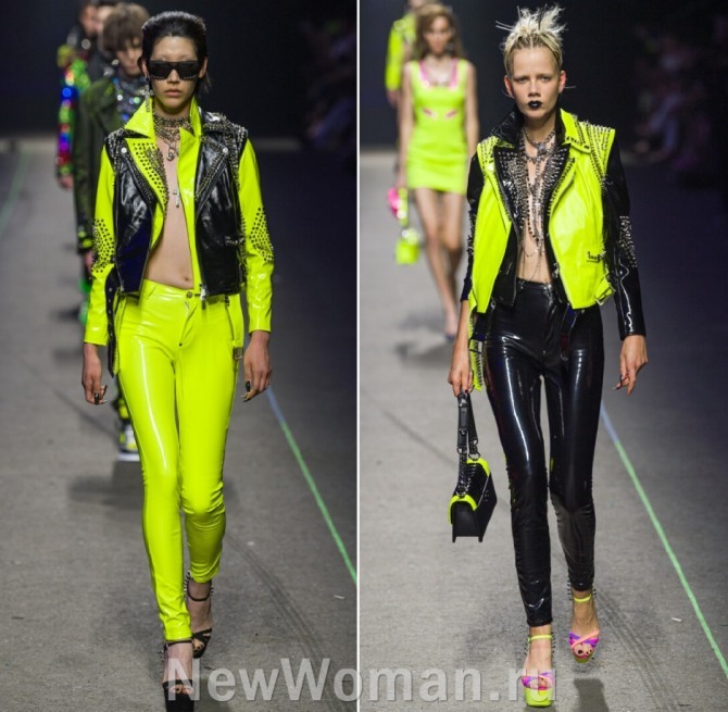модный молодежный весенний брючный костюм 2020 в рокерском стиле, кислотные желто-зеленые тона в сочетании с черным цветом