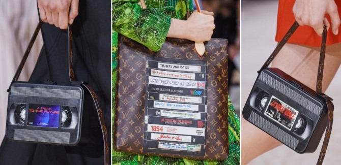 новые идеи дизайна дамских сумок на сезон весна-лето 2020 от Louis Vuitton - стилизация под видеокассету и надписи на ее торце