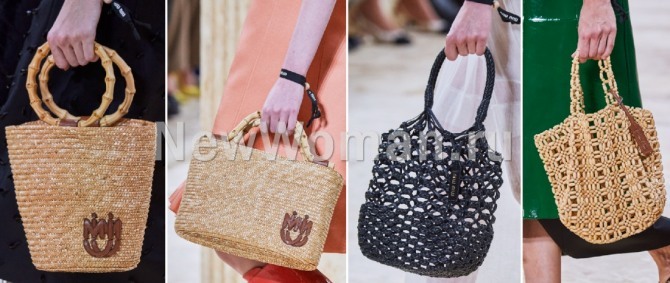 модная летняя сумка 2020 года - плетеная сумка из соломки, кожаных лент и пластмассовых элементов от Miu Miu