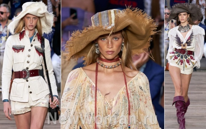 дамские шляпы из модной коллекции весна-лето 2020 года от Etro - очень широкие мягкие асимметричные поля, бахрома