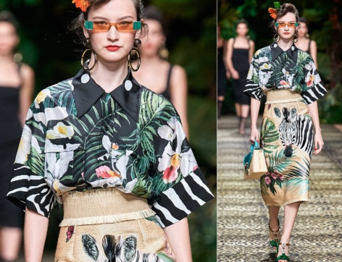 комплект шелковая блузка и юбка из рогожки с бахромой с тропическим рисунком - модный показ весна-лето 2020 от Dolce & Gabbana