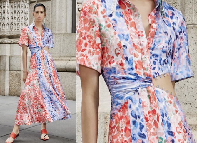 модные платья миди лето 2020 с модных показов - модель с оригинальной талией и вырезом, с юбкой многоклинкой, верх - в рубашечном стиле с коротким рукавом
