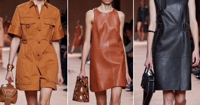 сумки с модному комбинезону и кожаному платью весна-лето 2020 от бренда Hermès с модных показов в столицах мировой моды