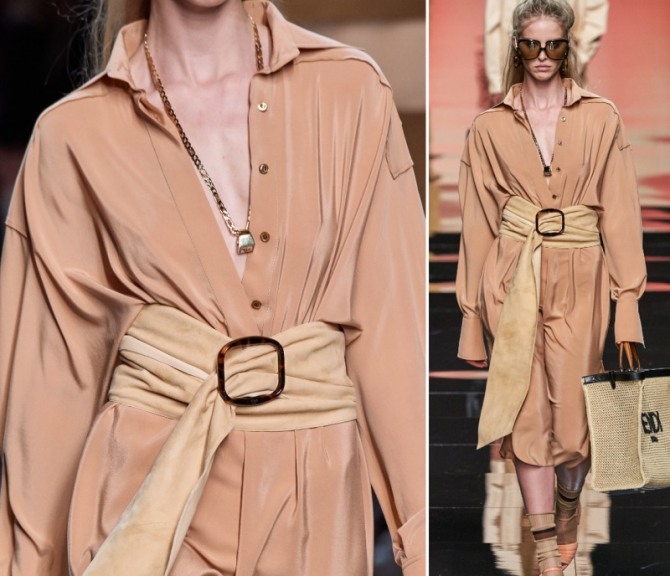 бежевый женский комбинезон с длинным рукавом и широким поясом - с модных дефиле весна-лето 2020 года от бренда Fendi