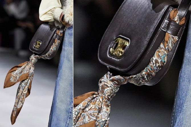 сумка-почтальонка, украшенная шелковым платком - фото из коллекции Celine весна-лето 2020 года
